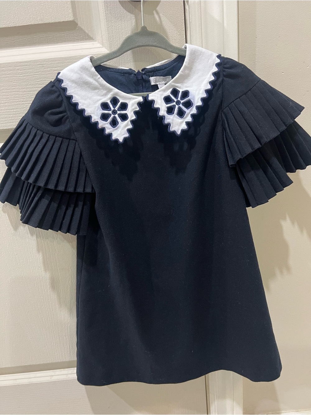 Girls Navy Dress Top with White Embroidered Peter Pan Collar